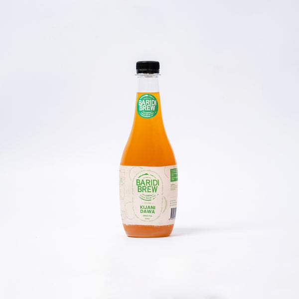 A bottle of Baridi Brew Kijani Dawa, a cold tea in Kenya, with mint and ginger flavors, displayed against a white background.