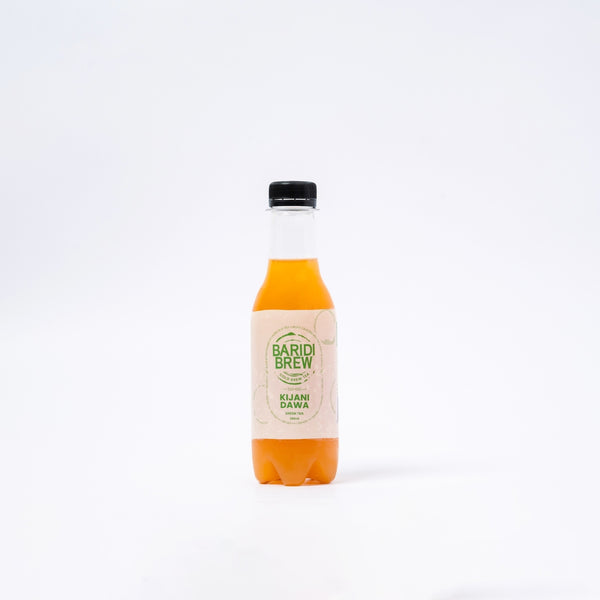 A bottle of Kijani Dawa, a cold green tea in Kenya,   with mint and ginger flavors, in a 250 ML packaging.